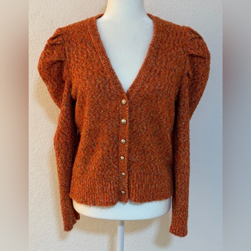 Karl Lagerfield Orange Puff Sleeve Wool Blend Cardigan Size Medium